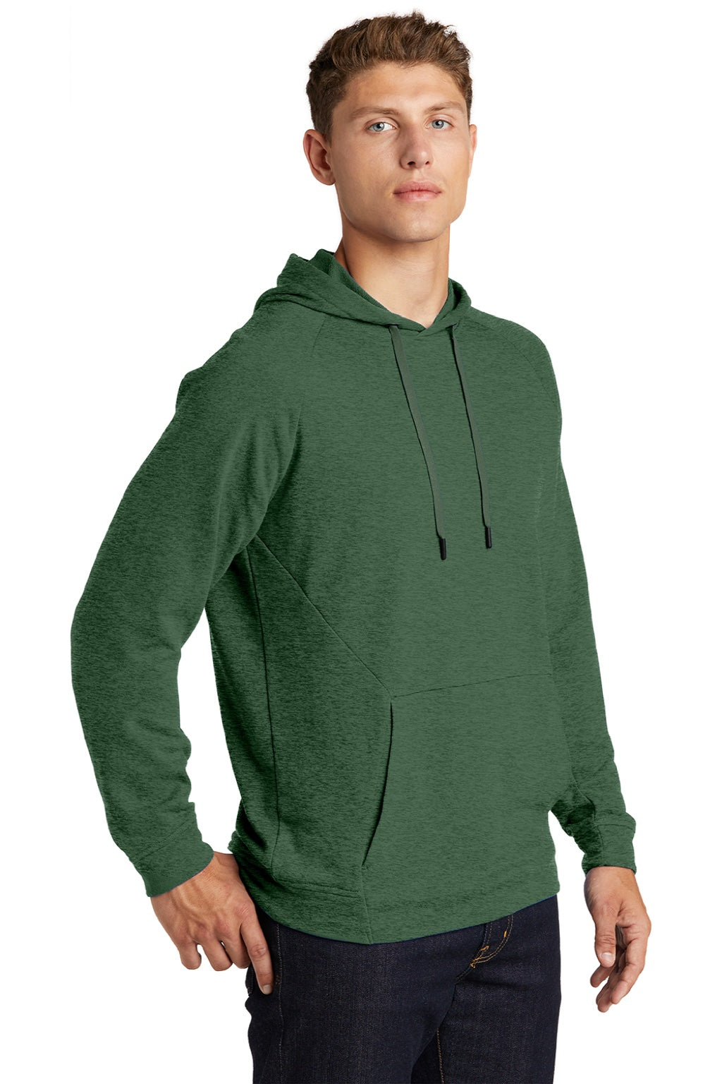 Sport-Tek ST272 Mens French Terry Hooded Sweatshirt Hoodie w/ Pouch Pocket Heather Forest Green Model 3q
