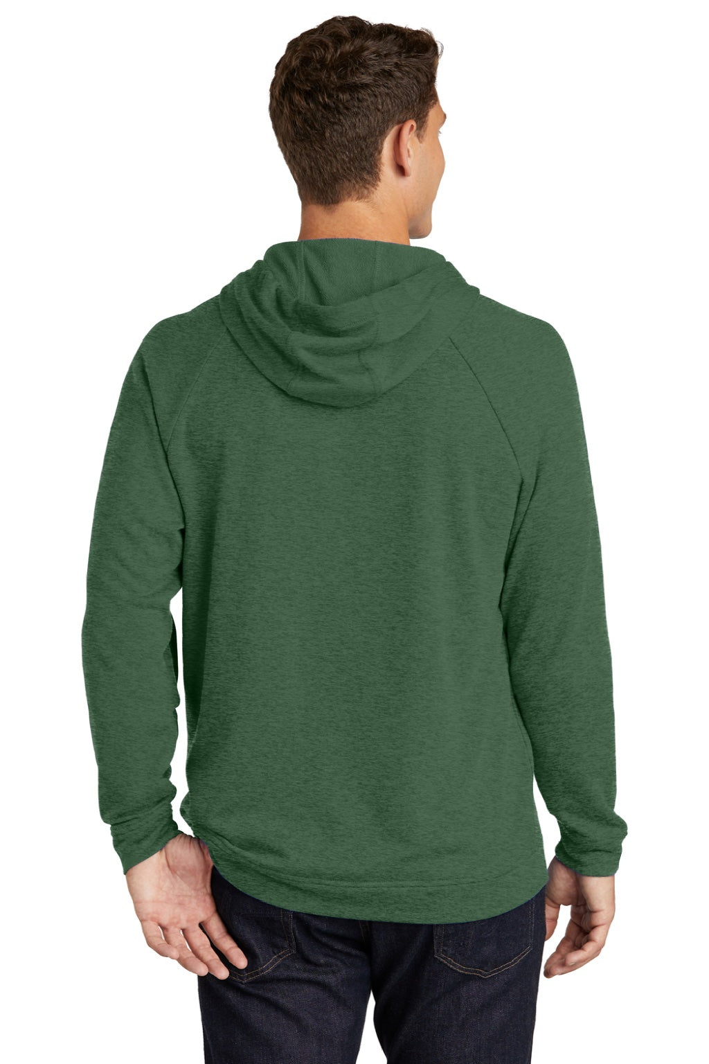 Sport-Tek ST272 Mens French Terry Hooded Sweatshirt Hoodie w/ Pouch Pocket Heather Forest Green Model Back