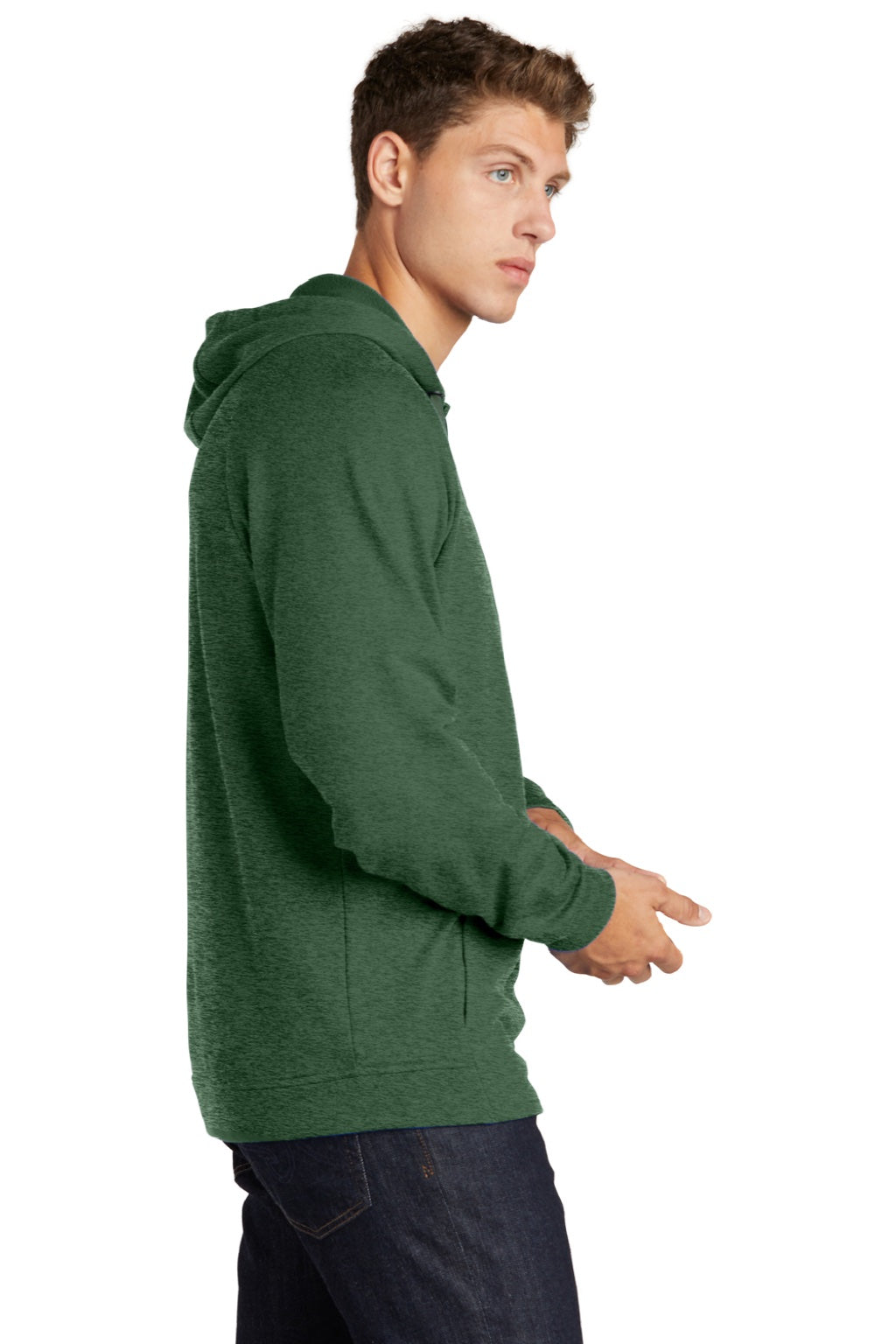 Sport-Tek ST272 Mens French Terry Hooded Sweatshirt Hoodie w/ Pouch Pocket Heather Forest Green Model Side