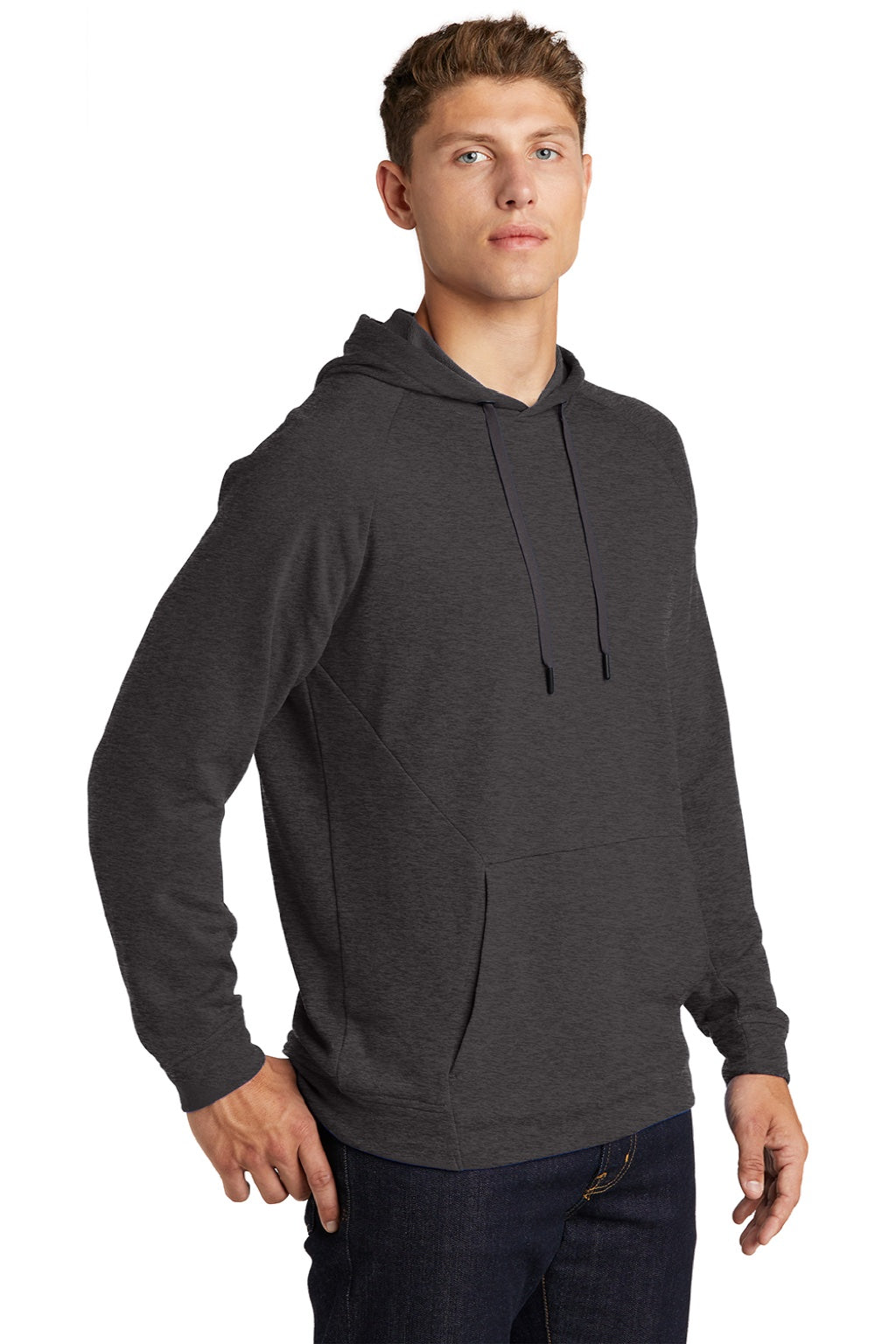 Sport-Tek ST272 Mens French Terry Hooded Sweatshirt Hoodie w/ Pouch Pocket Heather Black Model 3q