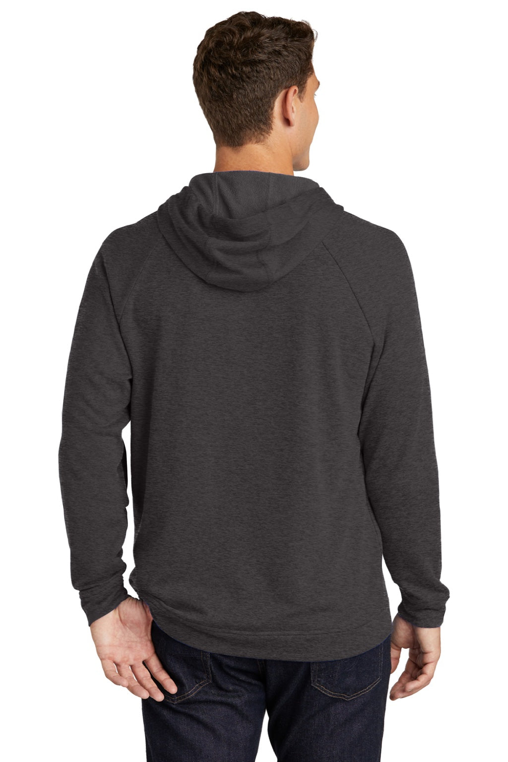 Sport-Tek ST272 Mens French Terry Hooded Sweatshirt Hoodie w/ Pouch Pocket Heather Black Model Back