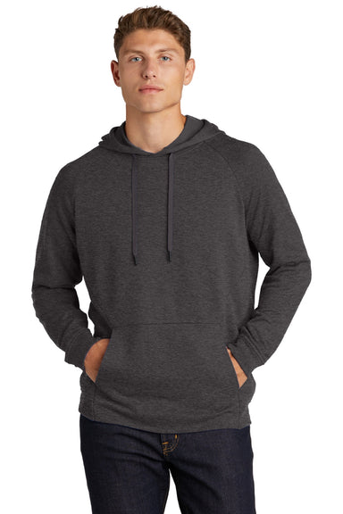Sport-Tek ST272 Mens French Terry Hooded Sweatshirt Hoodie w/ Pouch Pocket Heather Black Model Front