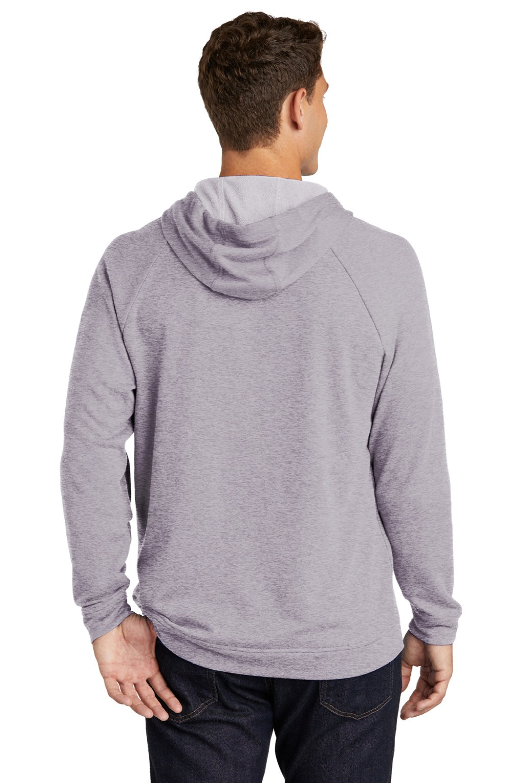 Sport-Tek ST272 Mens French Terry Hooded Sweatshirt Hoodie w/ Pouch Pocket Heather Grey Model Back