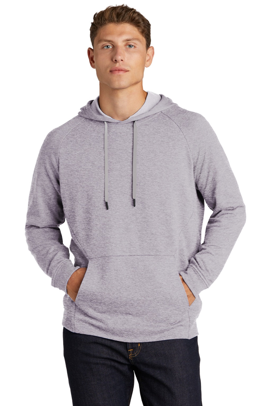 Sport-Tek ST272 Mens French Terry Hooded Sweatshirt Hoodie w/ Pouch Pocket Heather Grey Model Front