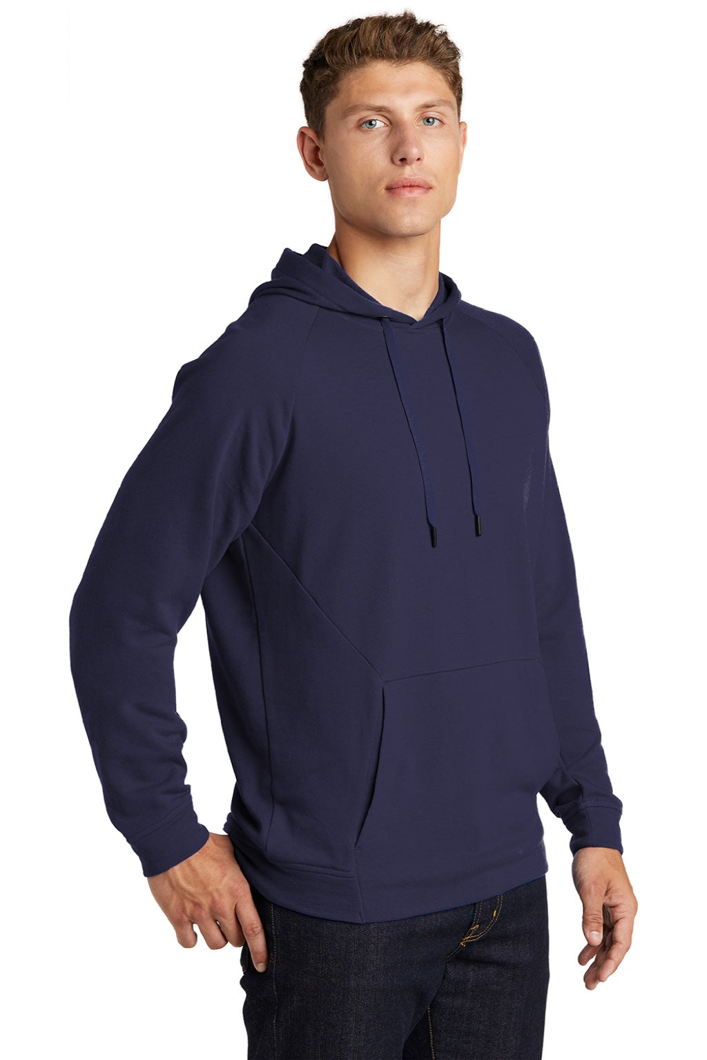Sport-Tek ST272 Mens French Terry Hooded Sweatshirt Hoodie w/ Pouch Pocket True Navy Blue Model 3q