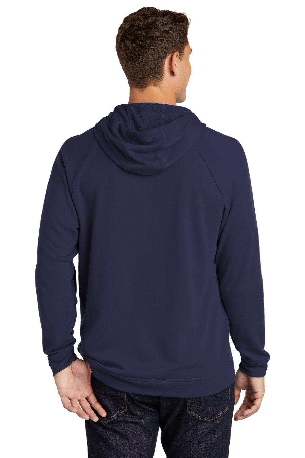 Sport-Tek ST272 Mens French Terry Hooded Sweatshirt Hoodie w/ Pouch Pocket True Navy Blue Model Back