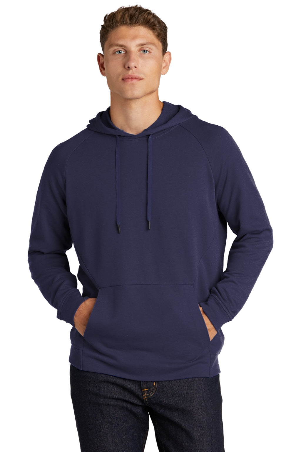 Sport-Tek ST272 Mens French Terry Hooded Sweatshirt Hoodie w/ Pouch Pocket True Navy Blue Model Front