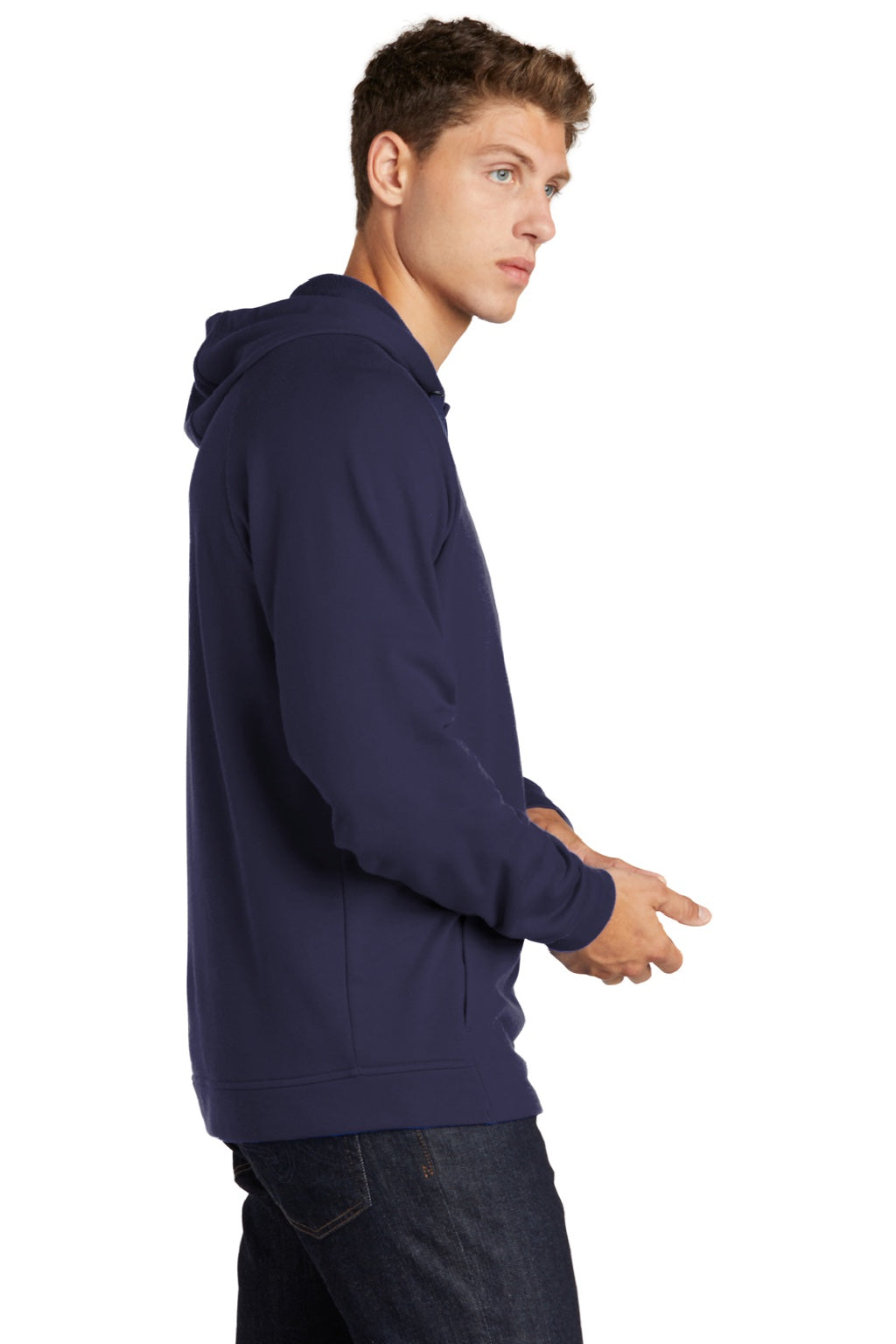Sport-Tek ST272 Mens French Terry Hooded Sweatshirt Hoodie w/ Pouch Pocket True Navy Blue Model Side