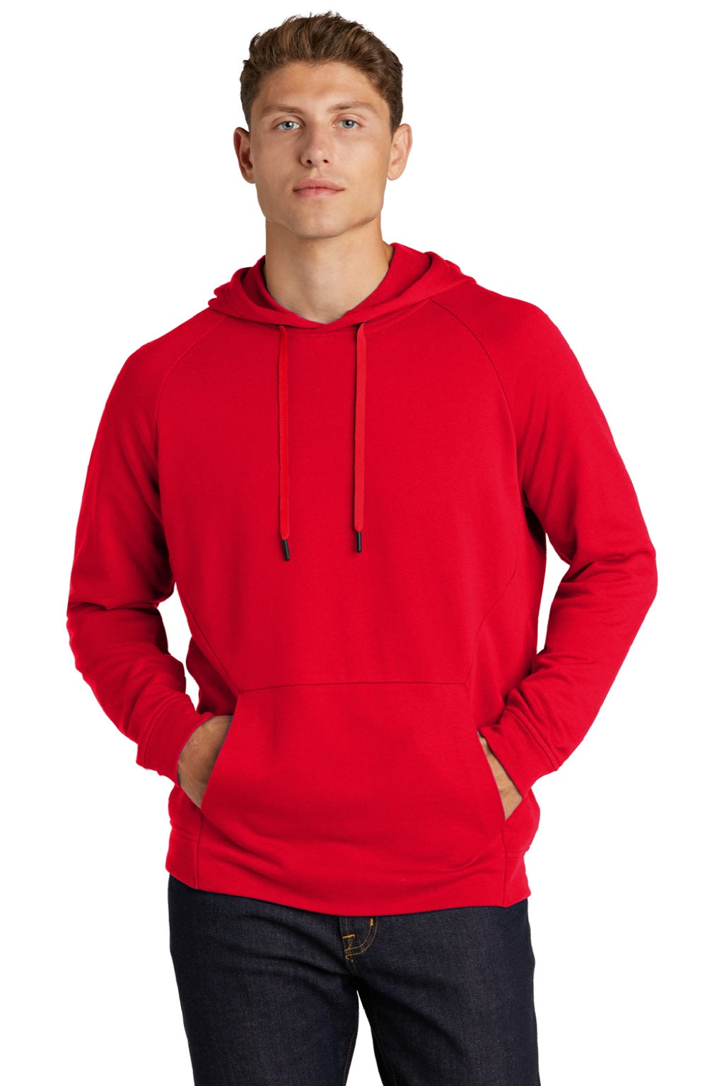 Sport-Tek ST272 Mens French Terry Hooded Sweatshirt Hoodie w/ Pouch Pocket True Red Model Front