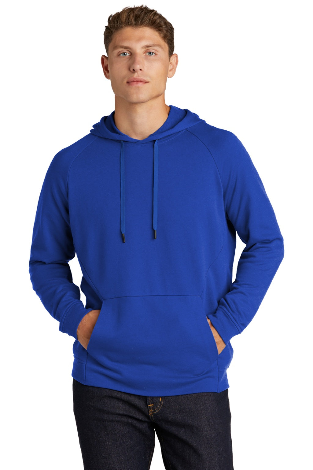 Sport-Tek ST272 Mens French Terry Hooded Sweatshirt Hoodie w/ Pouch Pocket True Royal Blue Model Front