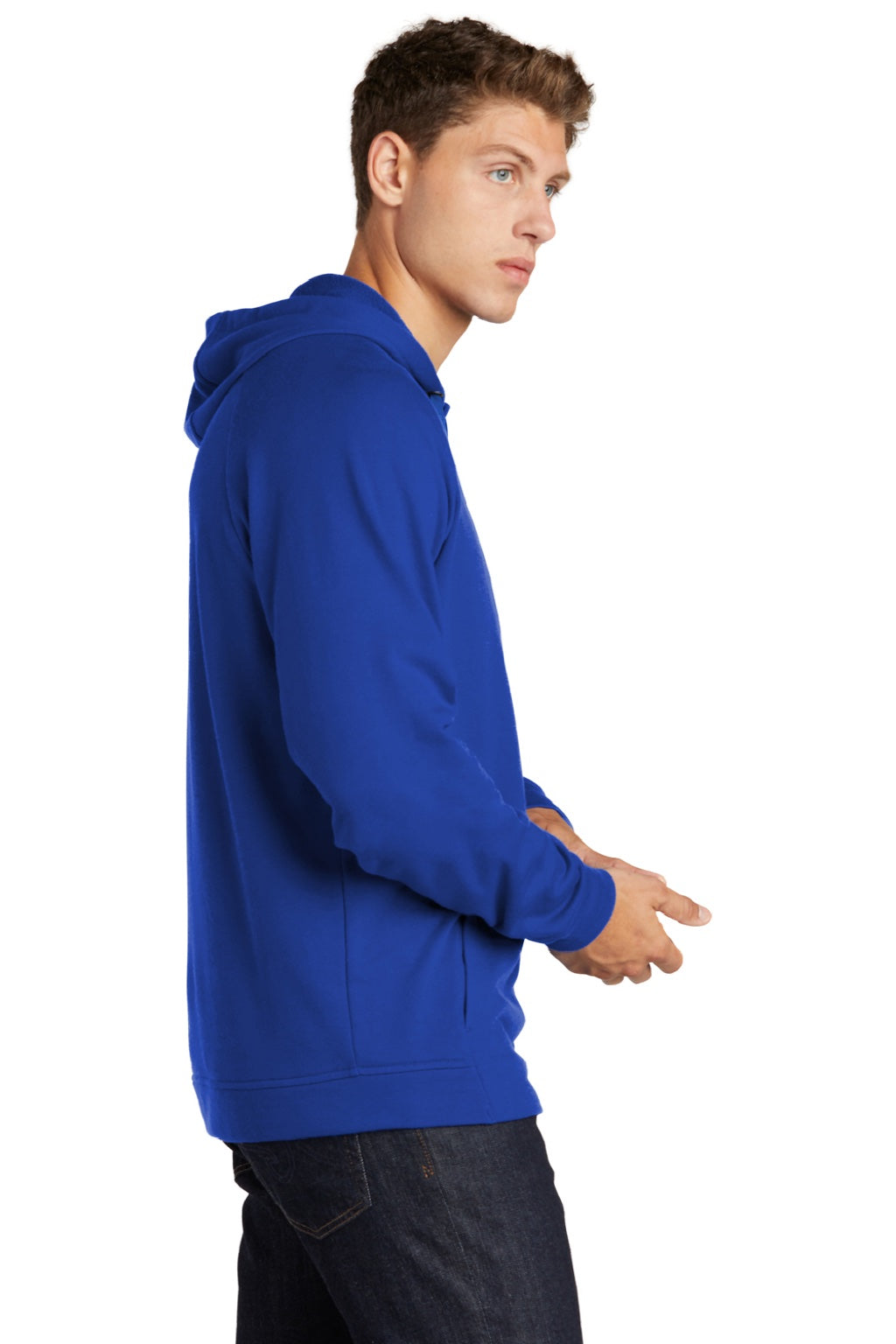 Sport-Tek ST272 Mens French Terry Hooded Sweatshirt Hoodie w/ Pouch Pocket True Royal Blue Model Side