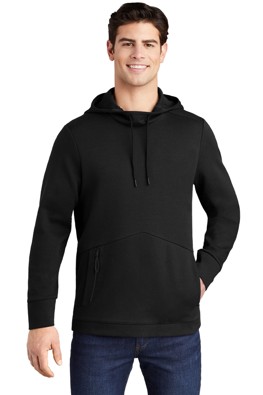 Sport-Tek ST280 Mens Triumph Fleece Hooded Sweatshirt Hoodie w/ Pouch Pocket Black Model Front