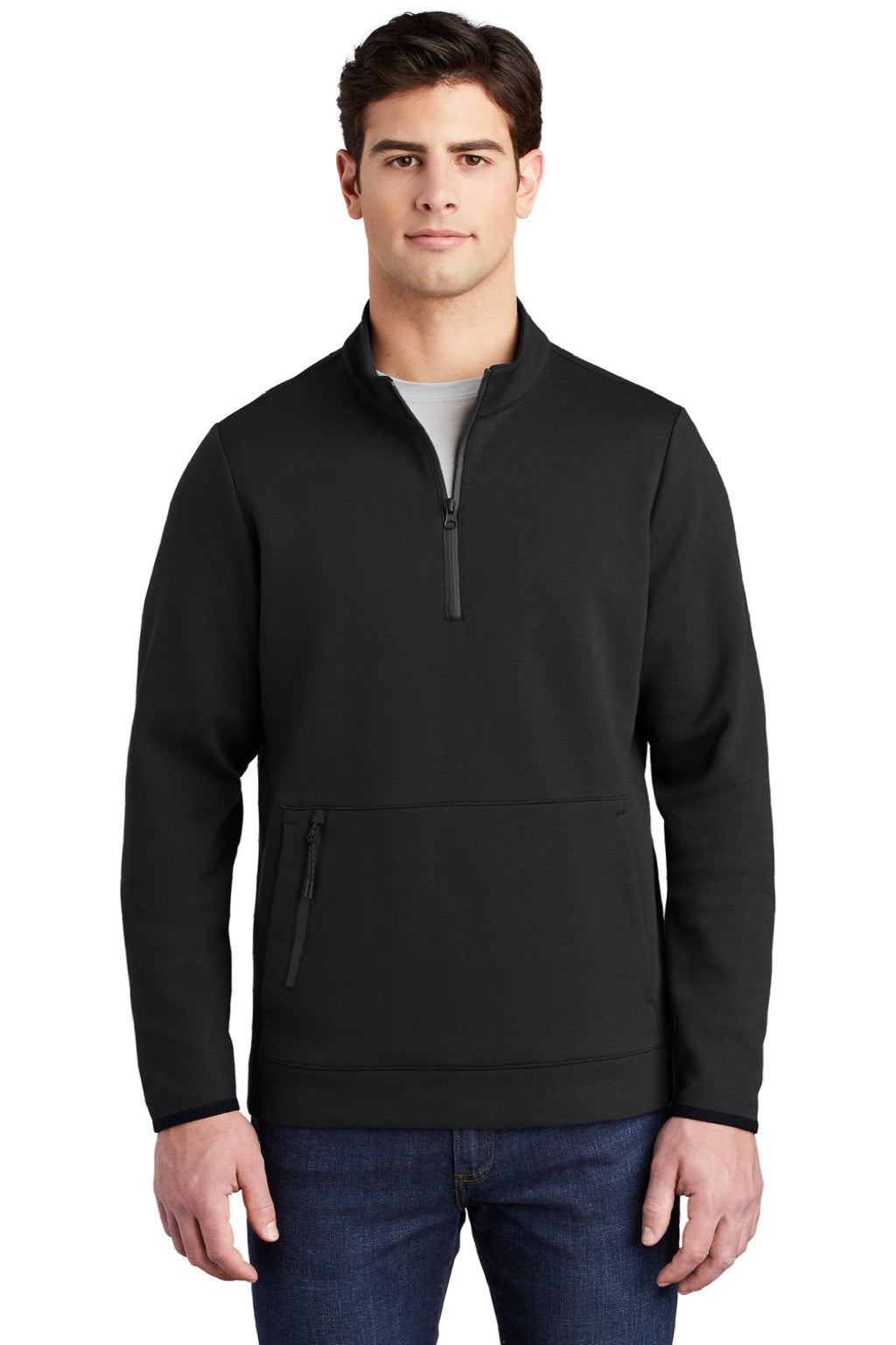 Sport-Tek ST281 Mens Triumph Fleece 1/4 Zip Sweatshirt w/ Pouch Pocket Black Model Front