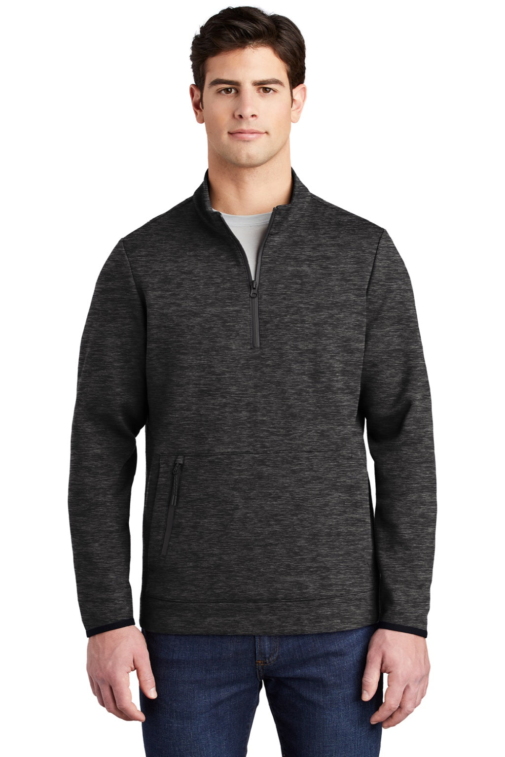 Sport-Tek ST281 Mens Triumph Fleece 1/4 Zip Sweatshirt w/ Pouch Pocket Heather Black Model Front