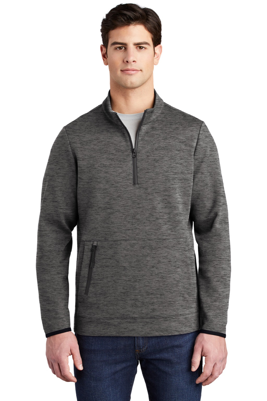 Sport-Tek ST281 Mens Triumph Fleece 1/4 Zip Sweatshirt w/ Pouch Pocket Heather Dark Grey Model Front