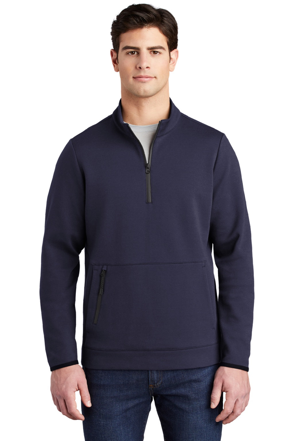 Sport-Tek ST281 Mens Triumph Fleece 1/4 Zip Sweatshirt w/ Pouch Pocket Navy Blue Model Front