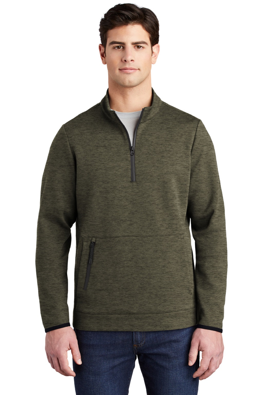 Sport-Tek ST281 Mens Triumph Fleece 1/4 Zip Sweatshirt w/ Pouch Pocket Heather Olive Green Model Front