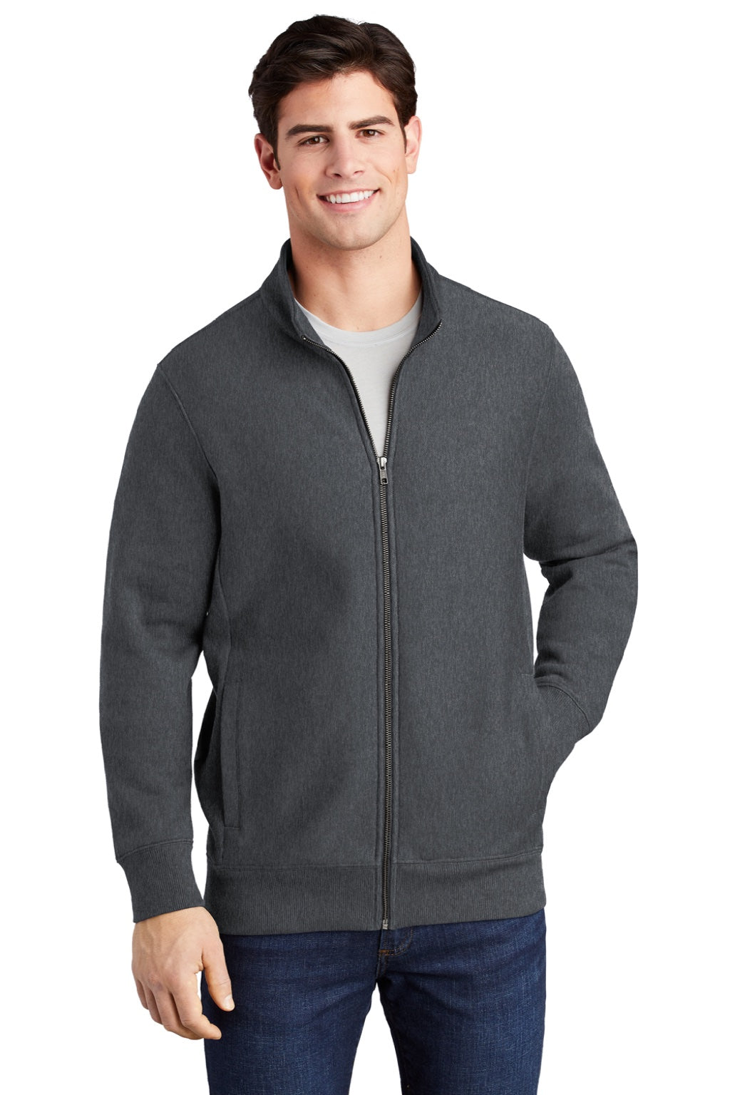 Sport-Tek ST284 Mens Full Zip Sweatshirt w/ Pockets Heather Graphite Grey Model Front