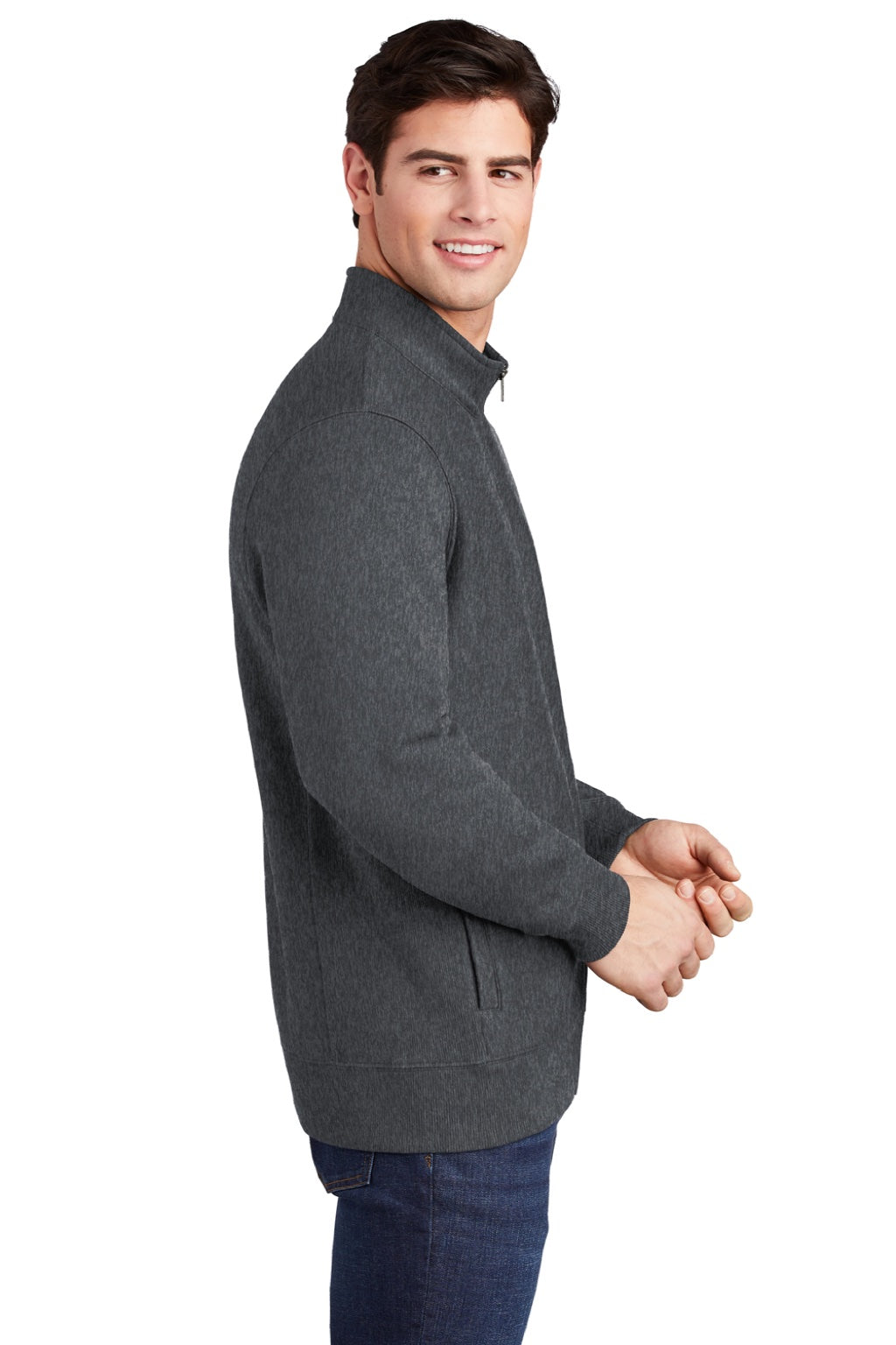 Sport-Tek ST284 Mens Full Zip Sweatshirt w/ Pockets Heather Graphite Grey Model Side