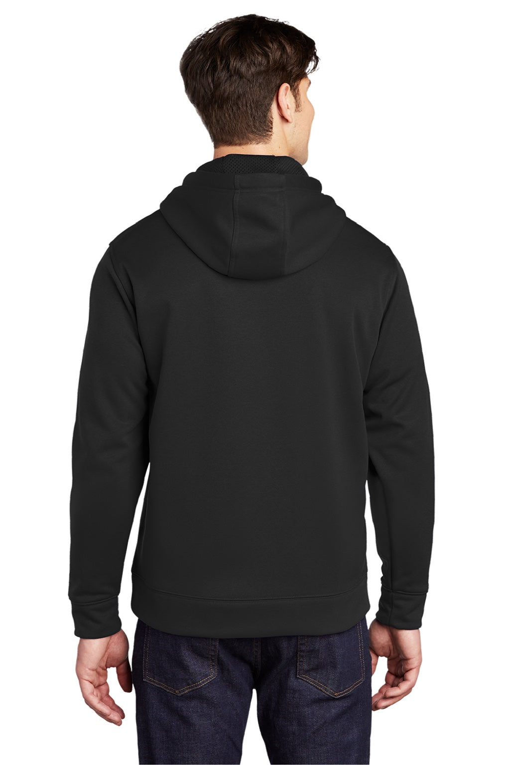 Sport-Tek ST290 Mens Repel Moisture Wicking Hooded Sweatshirt Hoodie w/ Pouch Pocket Black Model Back