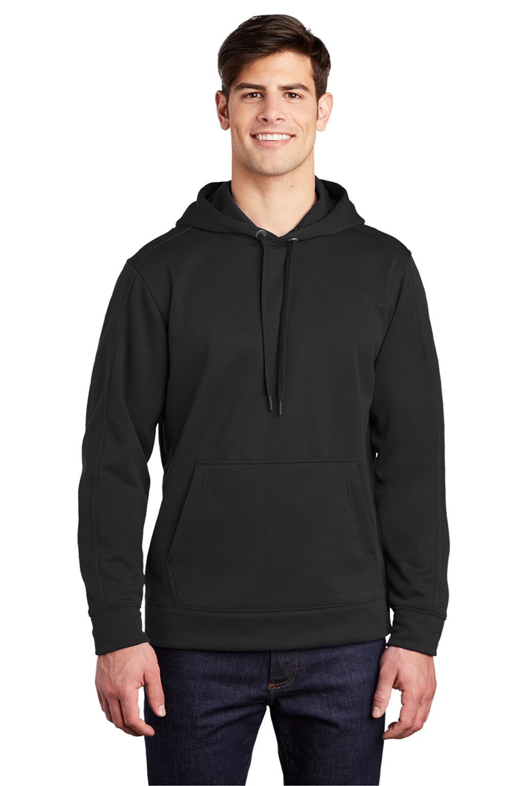 Sport-Tek ST290 Mens Repel Moisture Wicking Hooded Sweatshirt Hoodie w/ Pouch Pocket Black Model Front