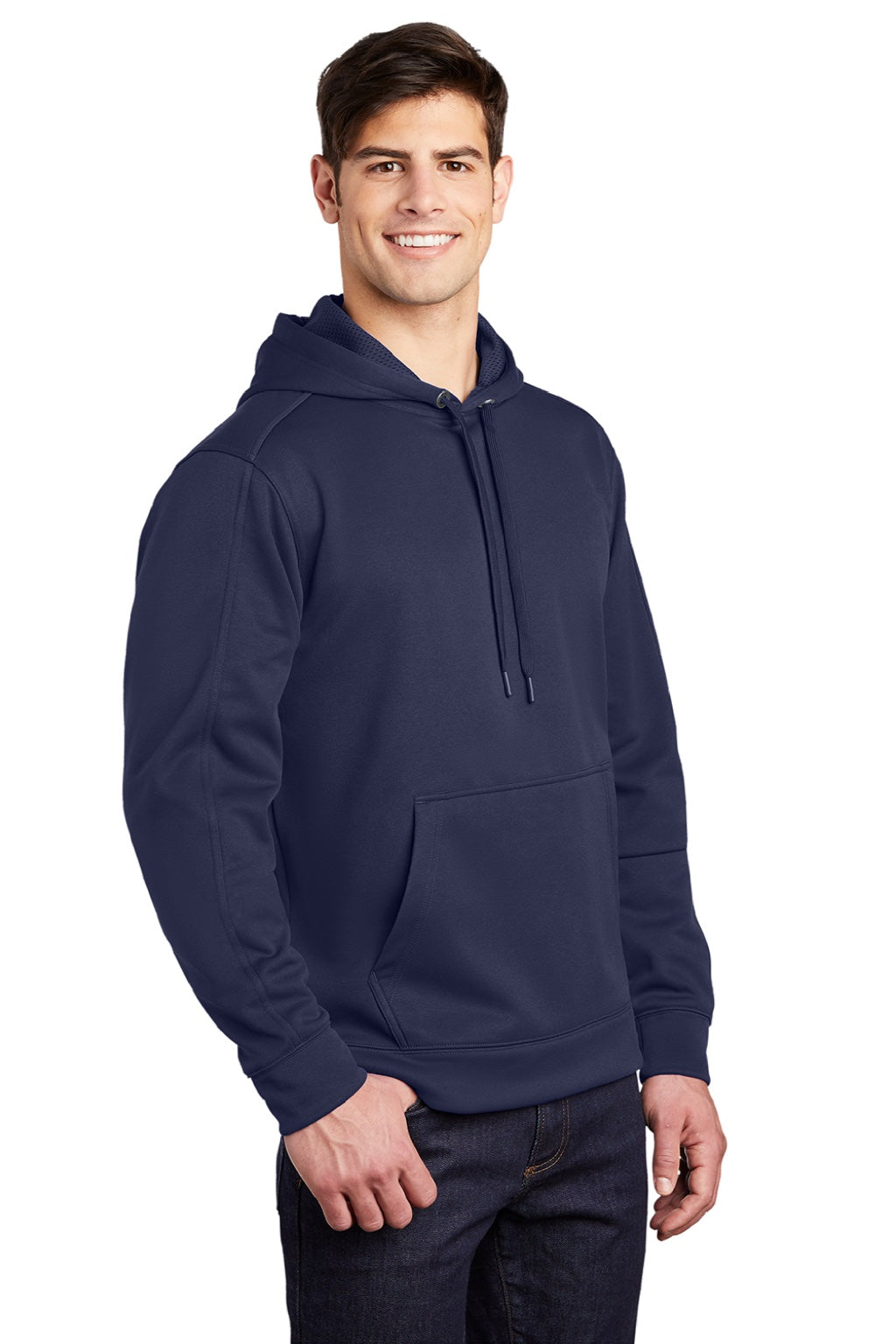 Sport-Tek ST290 Mens Repel Moisture Wicking Hooded Sweatshirt Hoodie w/ Pouch Pocket True Navy Blue Model 3q