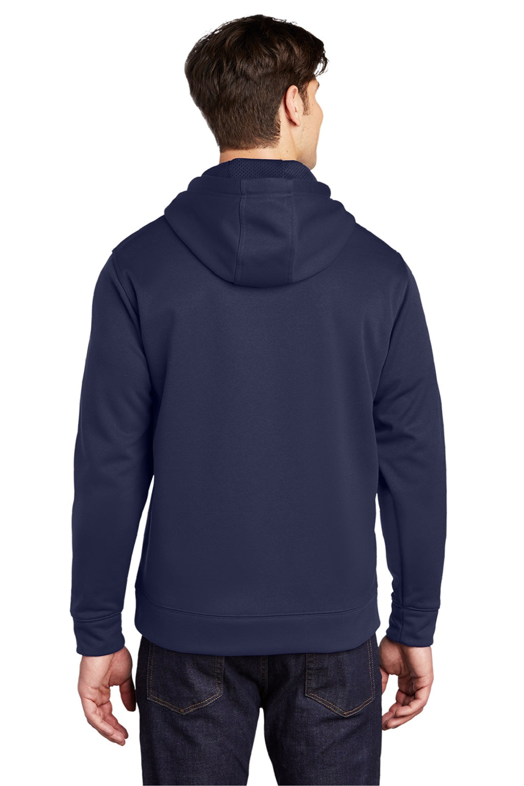 Sport-Tek ST290 Mens Repel Moisture Wicking Hooded Sweatshirt Hoodie w/ Pouch Pocket True Navy Blue Model Back
