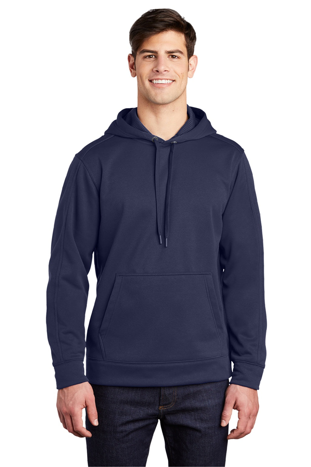 Sport-Tek ST290 Mens Repel Moisture Wicking Hooded Sweatshirt Hoodie w/ Pouch Pocket True Navy Blue Model Front