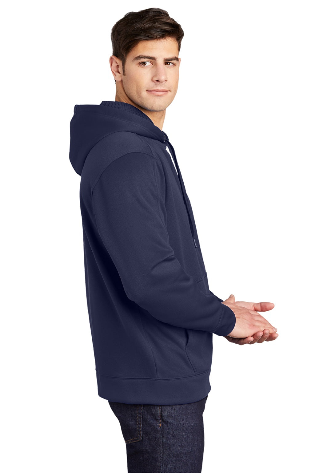 Sport-Tek ST290 Mens Repel Moisture Wicking Hooded Sweatshirt Hoodie w/ Pouch Pocket True Navy Blue Model Side