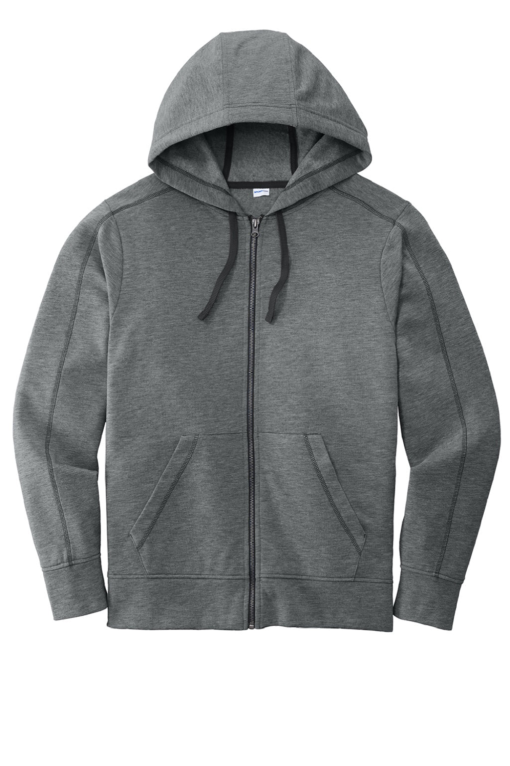Sport-Tek ST293 Mens Moisture Wicking Fleece Full Zip Hooded Sweatshirt Hoodie w/ Pockets Heather Dark Grey Flat Front