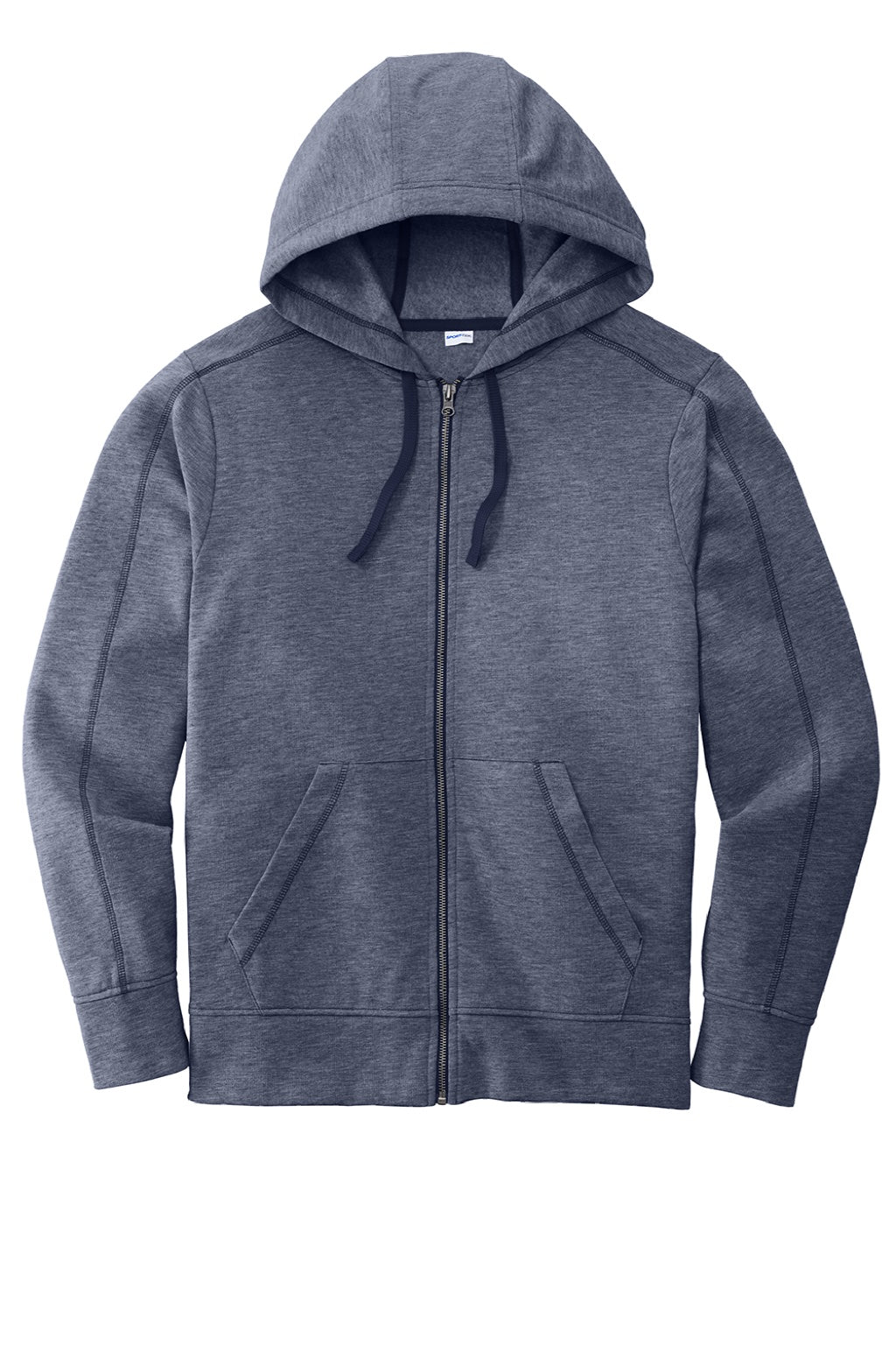 Sport-Tek ST293 Mens Moisture Wicking Fleece Full Zip Hooded Sweatshirt Hoodie w/ Pockets Heather True Navy Blue Flat Front