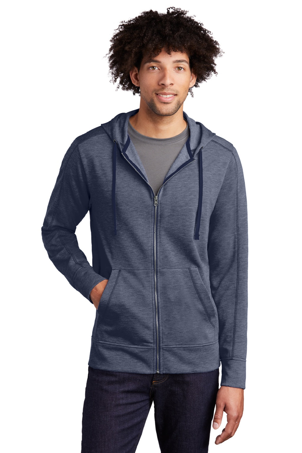 Sport-Tek ST293 Mens Moisture Wicking Fleece Full Zip Hooded Sweatshirt Hoodie w/ Pockets Heather True Navy Blue Model Front