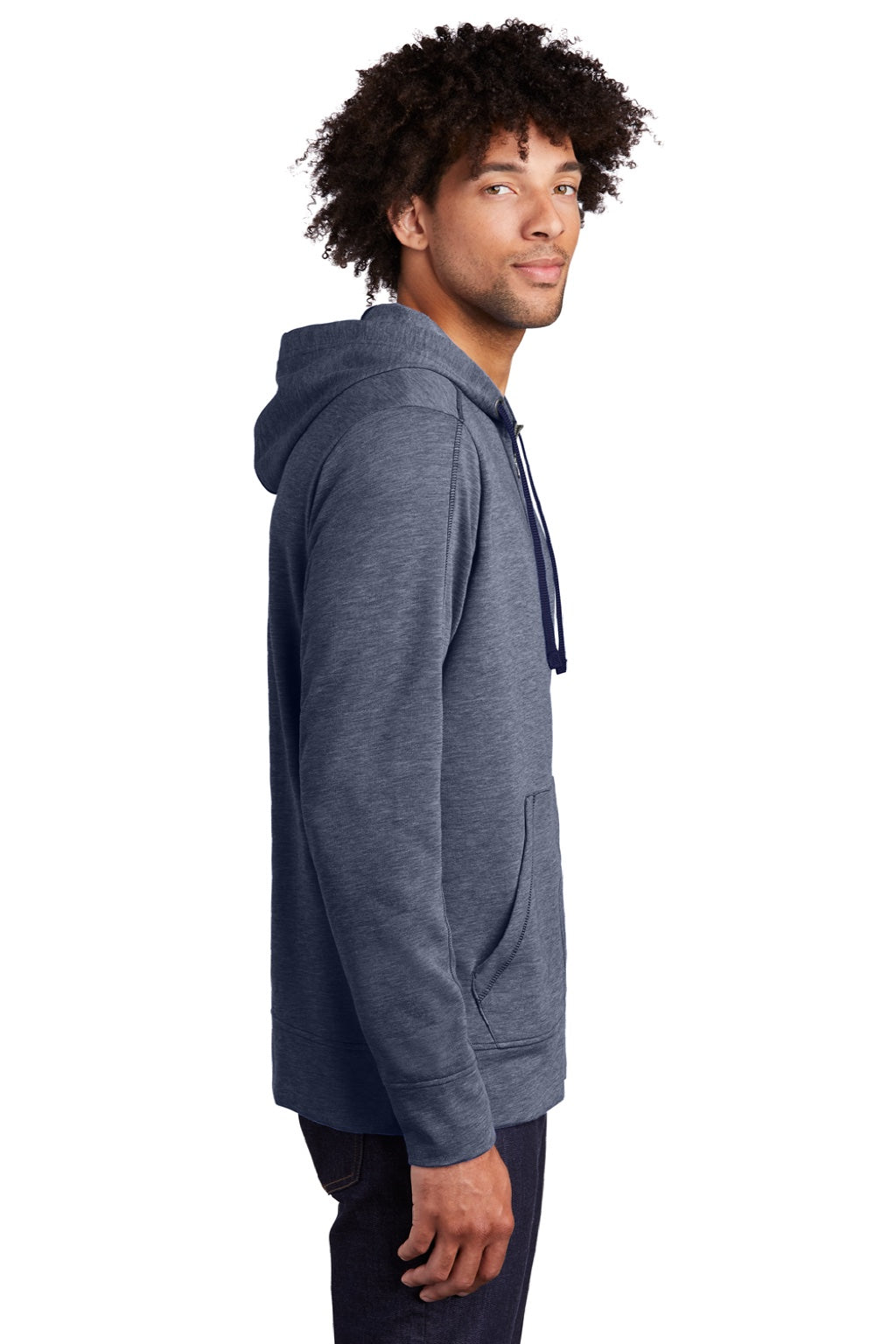 Sport-Tek ST293 Mens Moisture Wicking Fleece Full Zip Hooded Sweatshirt Hoodie w/ Pockets Heather True Navy Blue Model Side