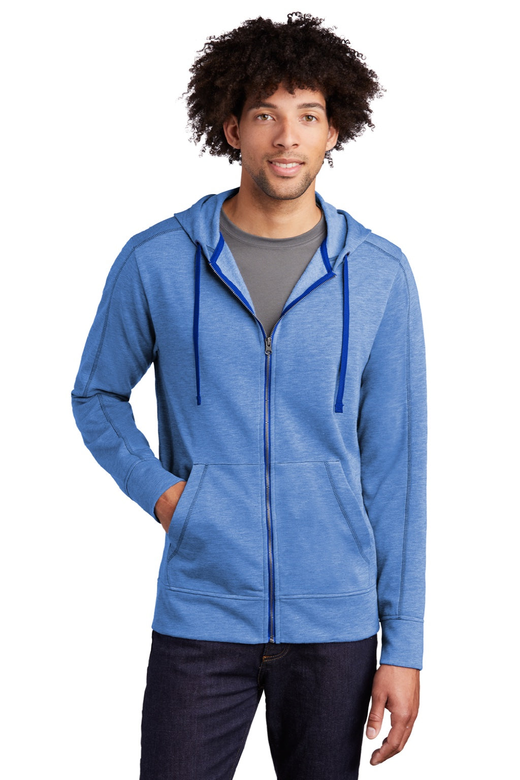 Sport-Tek ST293 Mens Moisture Wicking Fleece Full Zip Hooded Sweatshirt Hoodie w/ Pockets Heather True Royal Blue Model Front