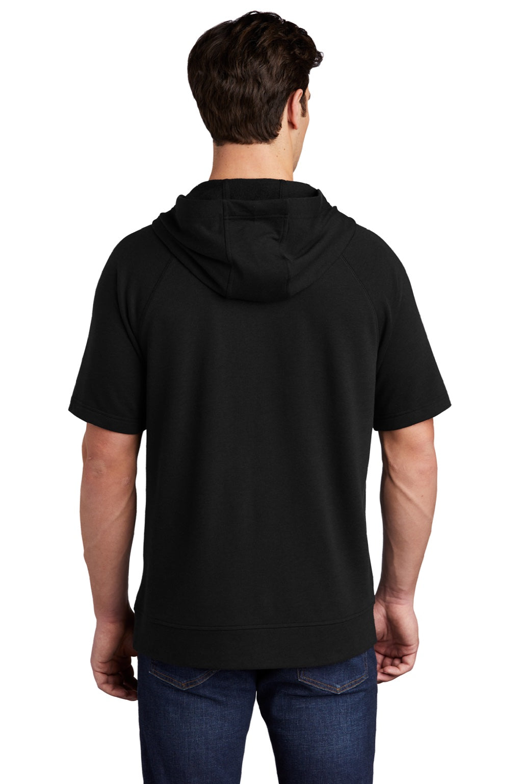Sport-Tek ST297 Mens Moisture Wicking Fleece Short Sleeve Hooded Sweatshirt Hoodie w/ Pouch Pocket Black Model Back