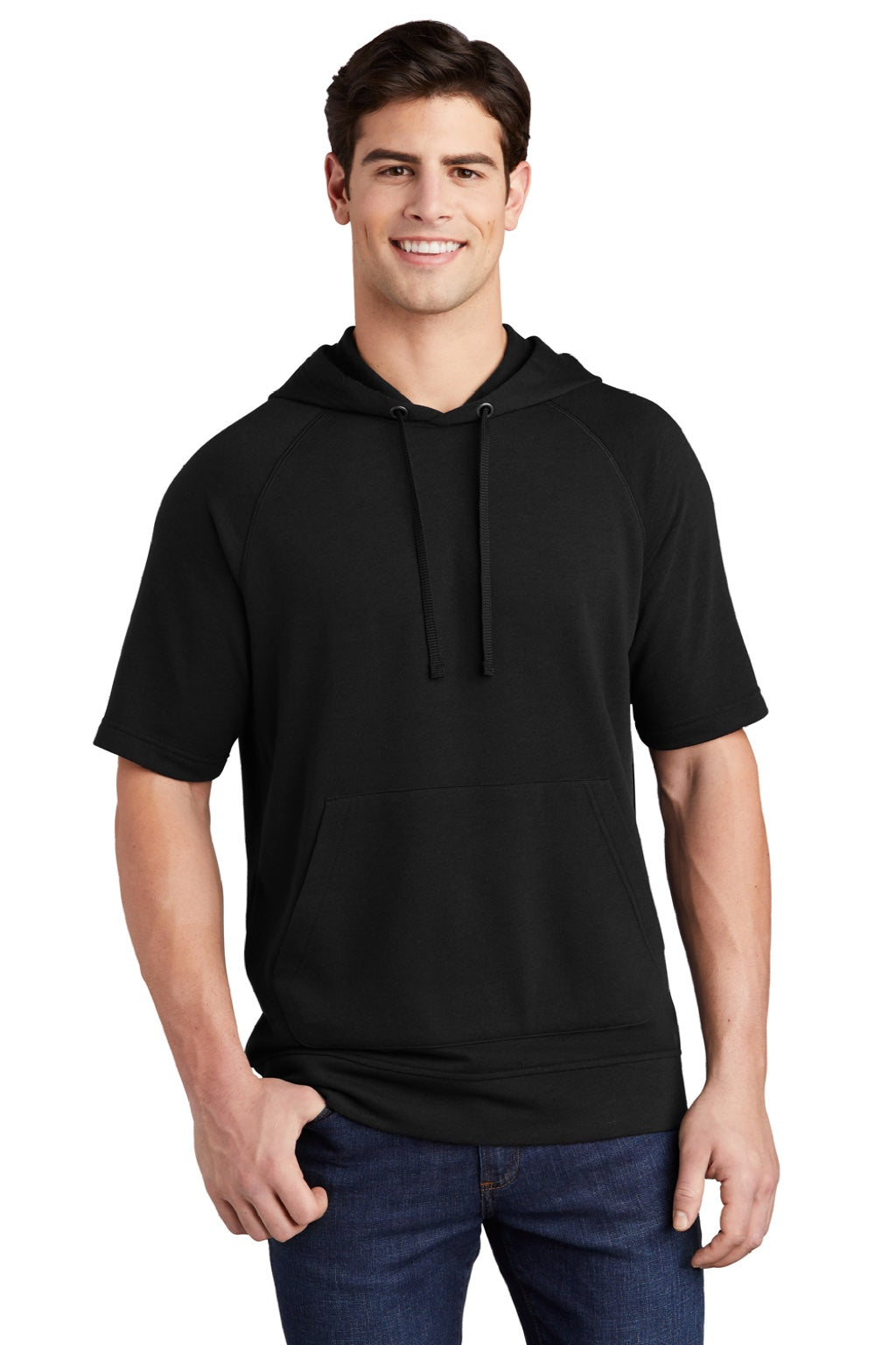 Sport-Tek ST297 Mens Moisture Wicking Fleece Short Sleeve Hooded Sweatshirt Hoodie w/ Pouch Pocket Black Model Front