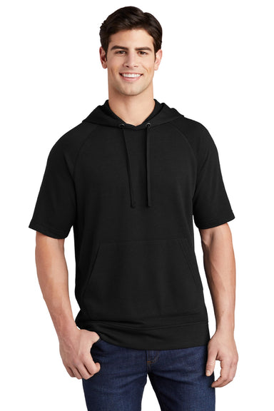 Sport-Tek ST297 Mens Moisture Wicking Fleece Short Sleeve Hooded Sweatshirt Hoodie w/ Pouch Pocket Black Model Front