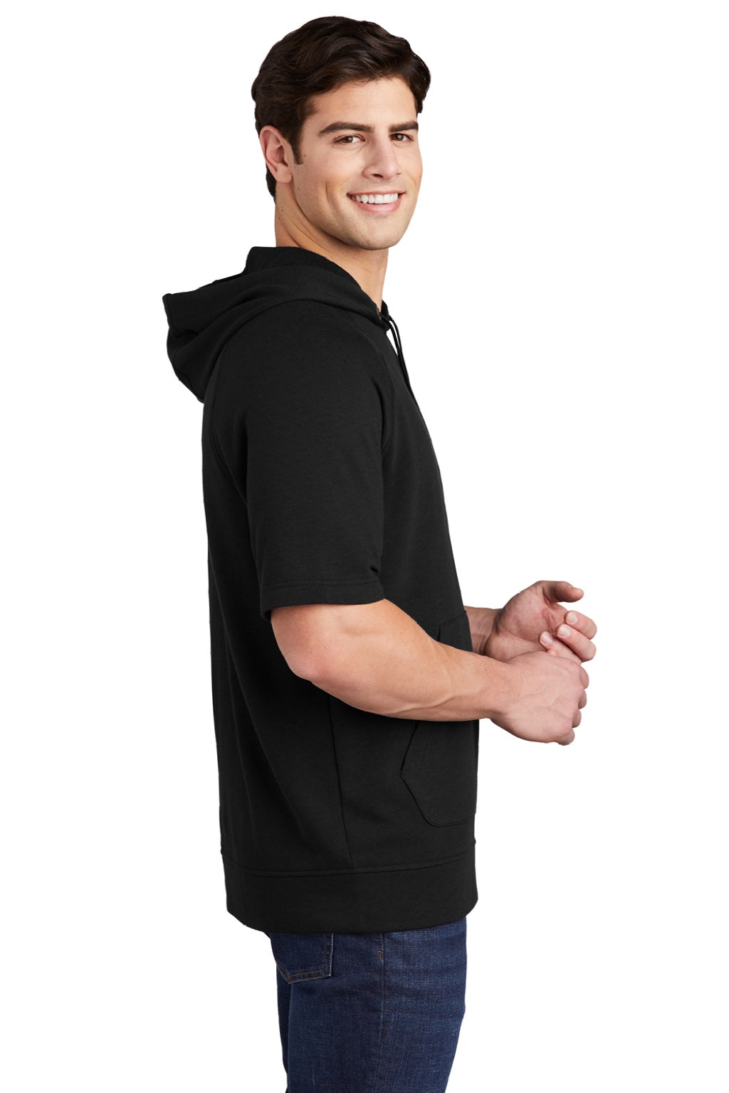Sport-Tek ST297 Mens Moisture Wicking Fleece Short Sleeve Hooded Sweatshirt Hoodie w/ Pouch Pocket Black Model Side
