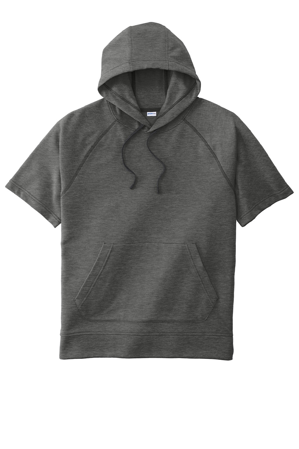 Sport-Tek ST297 Mens Moisture Wicking Fleece Short Sleeve Hooded Sweatshirt Hoodie w/ Pouch Pocket Heather Dark Grey Flat Front