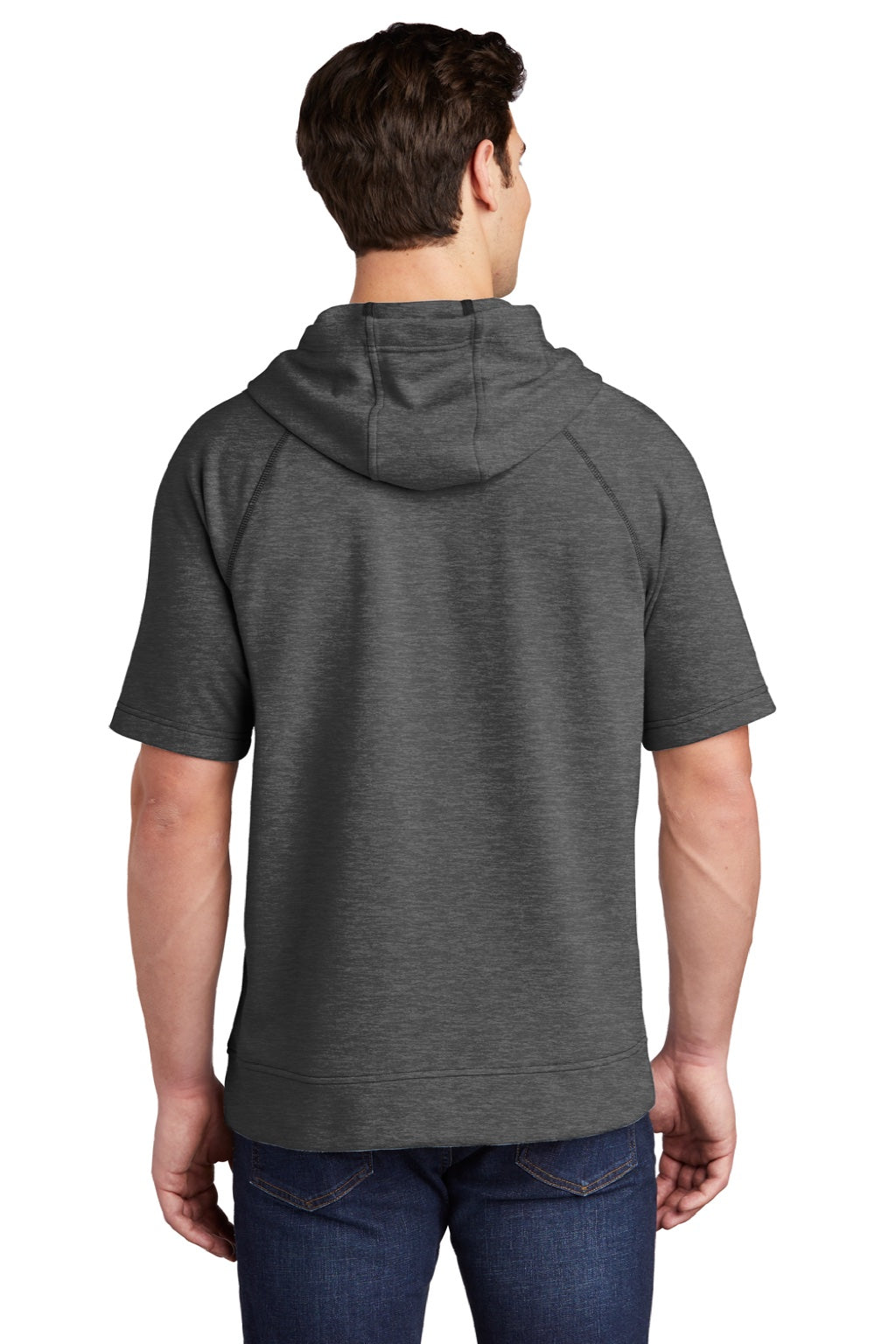 Sport-Tek ST297 Mens Moisture Wicking Fleece Short Sleeve Hooded Sweatshirt Hoodie w/ Pouch Pocket Heather Dark Grey Model Back