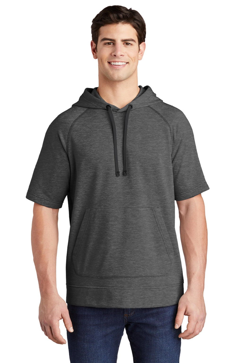 Sport-Tek ST297 Mens Moisture Wicking Fleece Short Sleeve Hooded Sweatshirt Hoodie w/ Pouch Pocket Heather Dark Grey Model Front