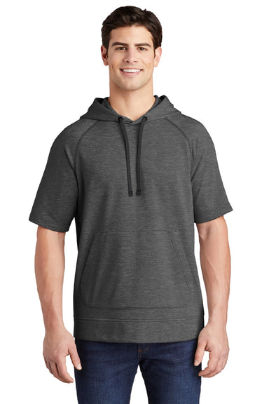 Sport-Tek ST297 Mens Moisture Wicking Fleece Short Sleeve Hooded Sweatshirt Hoodie w/ Pouch Pocket Heather Dark Grey Model Front
