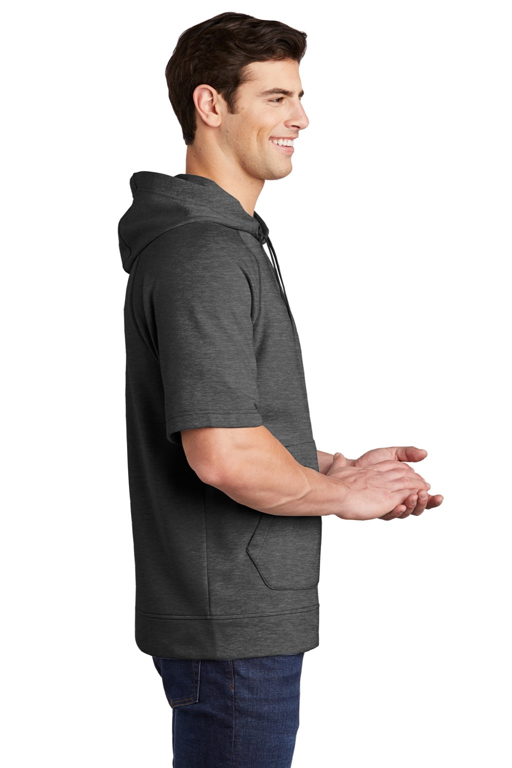 Sport-Tek ST297 Mens Moisture Wicking Fleece Short Sleeve Hooded Sweatshirt Hoodie w/ Pouch Pocket Heather Dark Grey Model Side