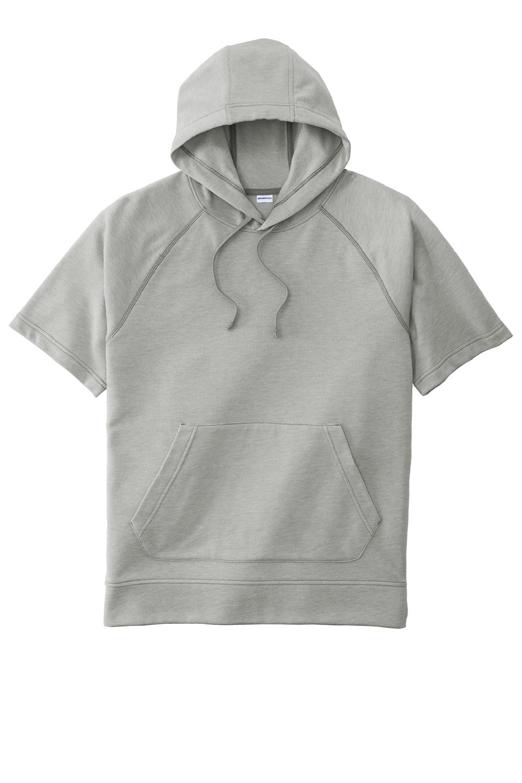 Sport-Tek ST297 Mens Moisture Wicking Fleece Short Sleeve Hooded Sweatshirt Hoodie w/ Pouch Pocket Heather Light Grey Flat Front