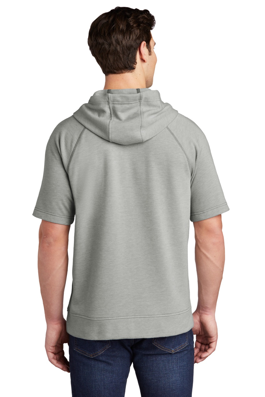 Sport-Tek ST297 Mens Moisture Wicking Fleece Short Sleeve Hooded Sweatshirt Hoodie w/ Pouch Pocket Heather Light Grey Model Back