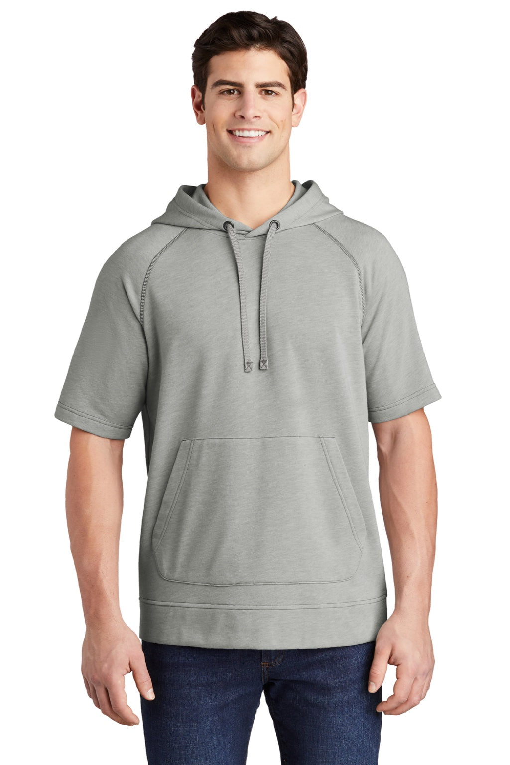 Sport-Tek ST297 Mens Moisture Wicking Fleece Short Sleeve Hooded Sweatshirt Hoodie w/ Pouch Pocket Heather Light Grey Model Front