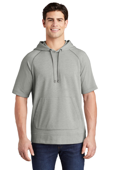 Sport-Tek ST297 Mens Moisture Wicking Fleece Short Sleeve Hooded Sweatshirt Hoodie w/ Pouch Pocket Heather Light Grey Model Front