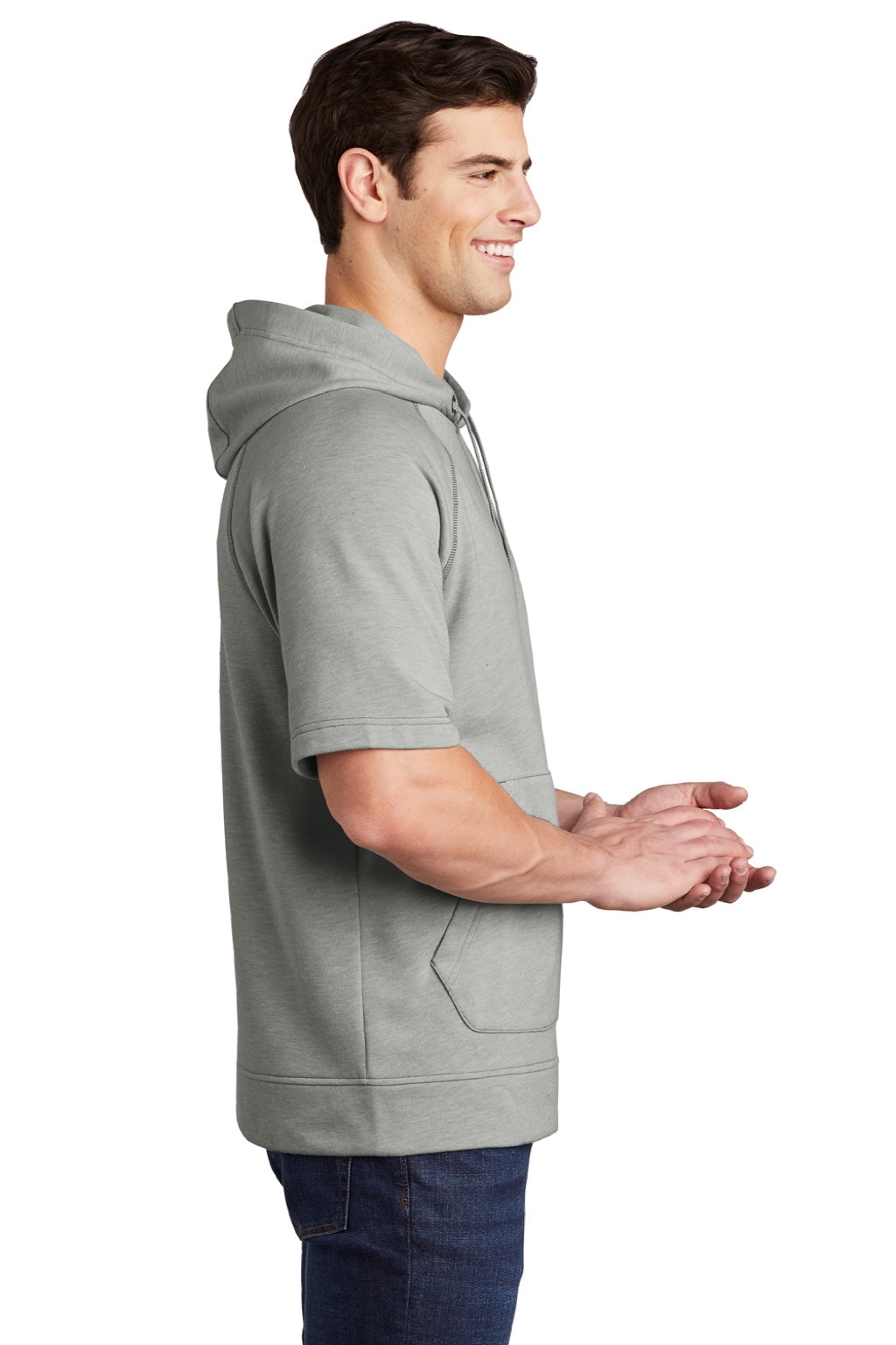 Sport-Tek ST297 Mens Moisture Wicking Fleece Short Sleeve Hooded Sweatshirt Hoodie w/ Pouch Pocket Heather Light Grey Model Side