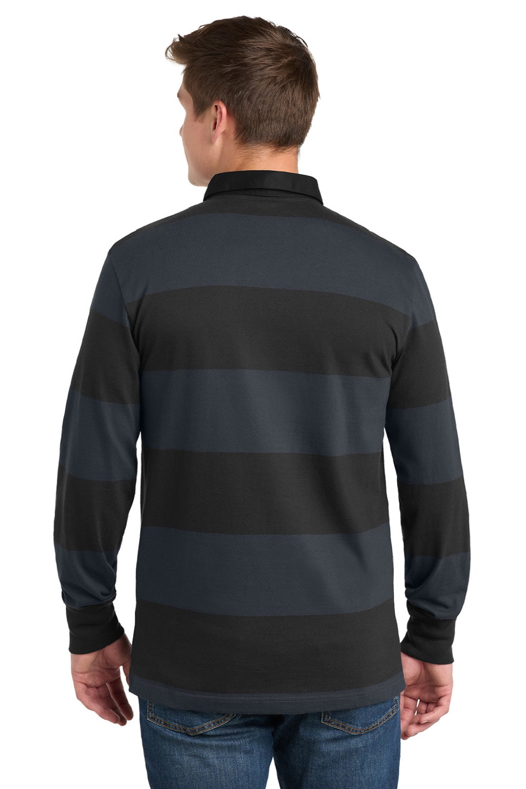 Sport-Tek ST301 Mens Classic Rugby Long Sleeve Polo Shirt Black/Graphite Grey Model Back