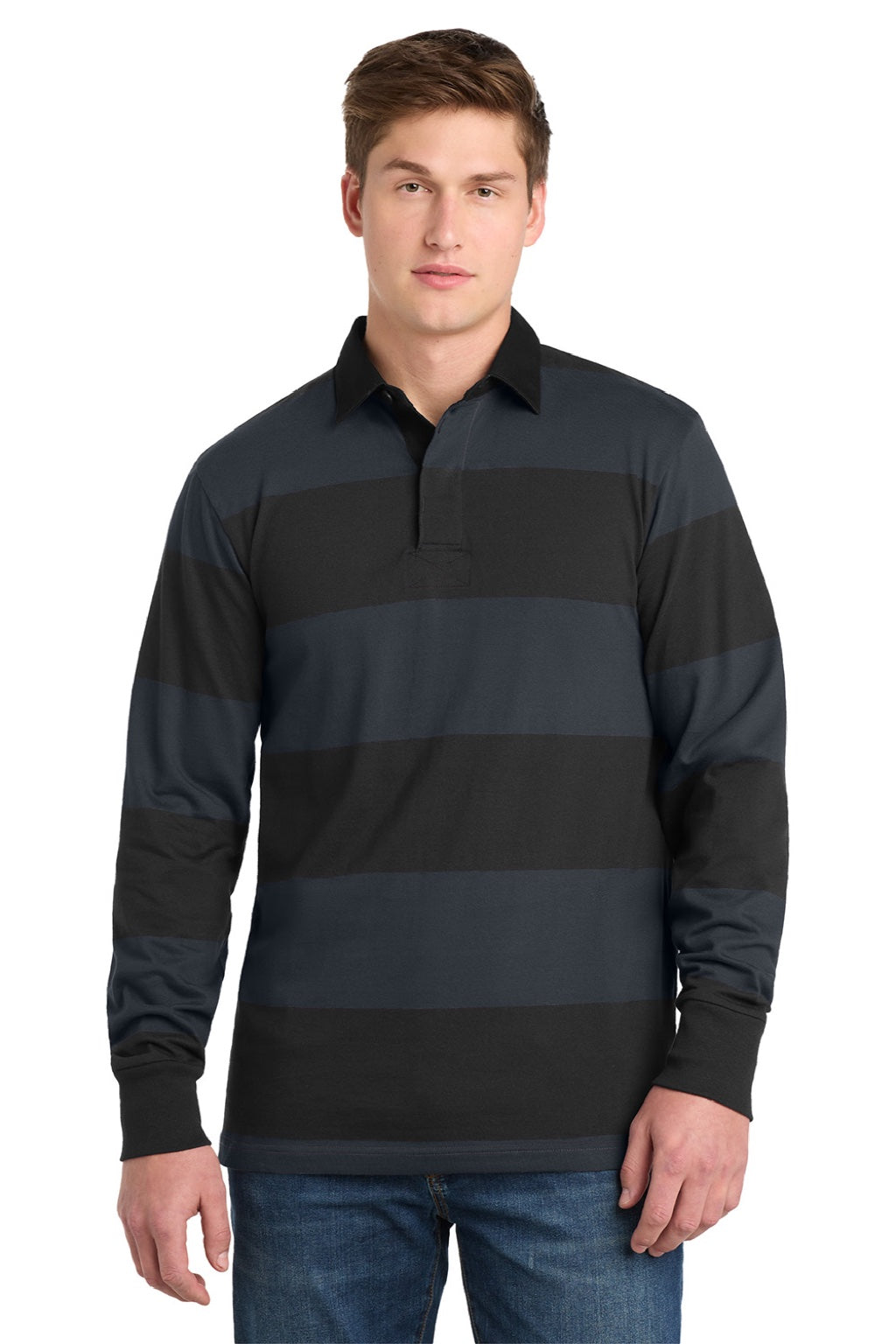 Sport-Tek ST301 Mens Classic Rugby Long Sleeve Polo Shirt Black/Graphite Grey Model Front